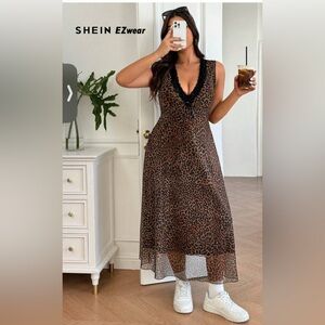 Leopard Print Maxi Dress with Black Lace